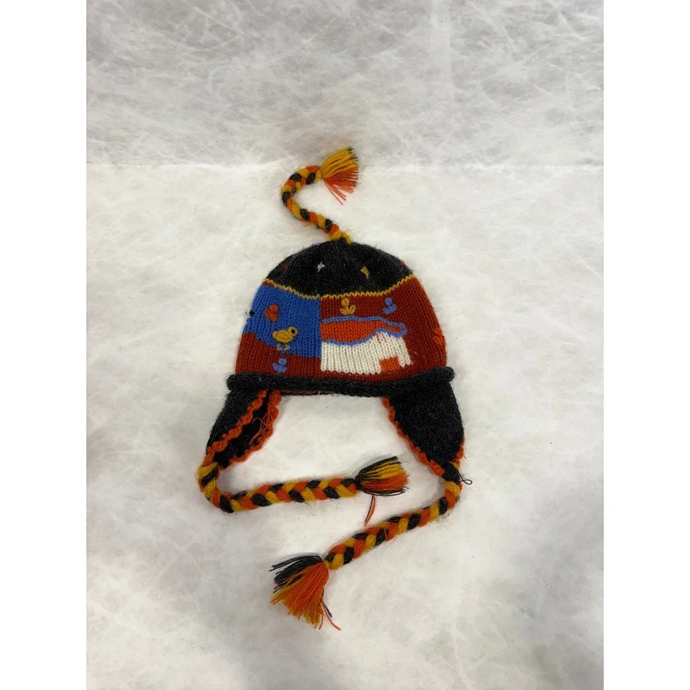 Vintage Hand Knit Kids Chullo Hat‎ Earflaps Tassels Folk Art House Bird Orange
